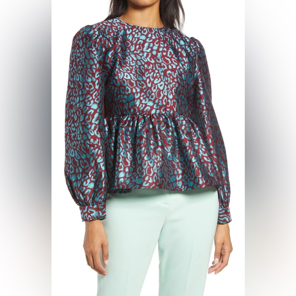 NWT Halogen x Atlantic Pacific Teal Maroon Leopard Peplum Top